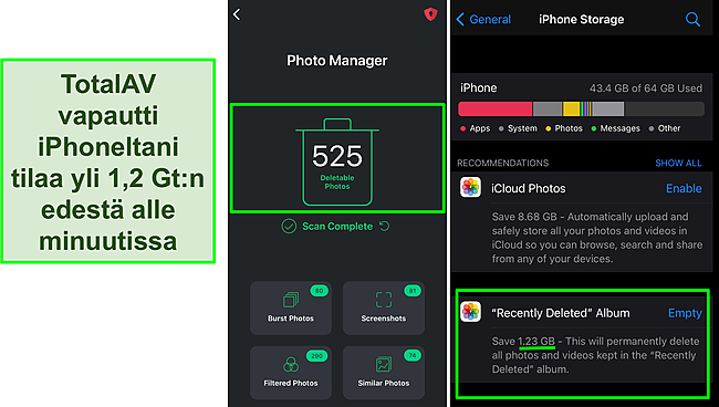 Kuvakaappaus TotalAVin valokuvienhallinnasta ja iPhonen tallennustilasta, jossa n&auml;kyy yli 1,2 Gt vapaata tilaa.
