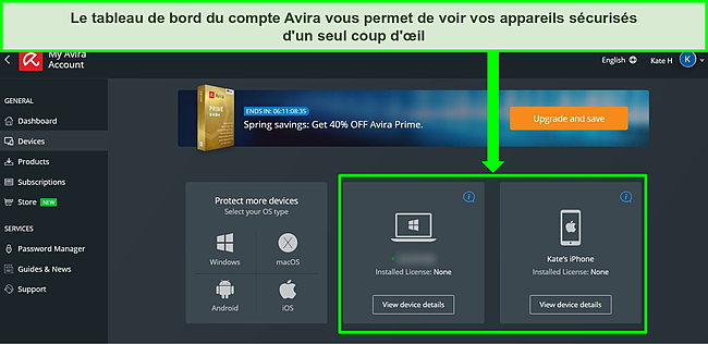 Capture d'&eacute;cran du tableau de bord du compte Avira montrant les appareils avec le forfait gratuit install&eacute;.
