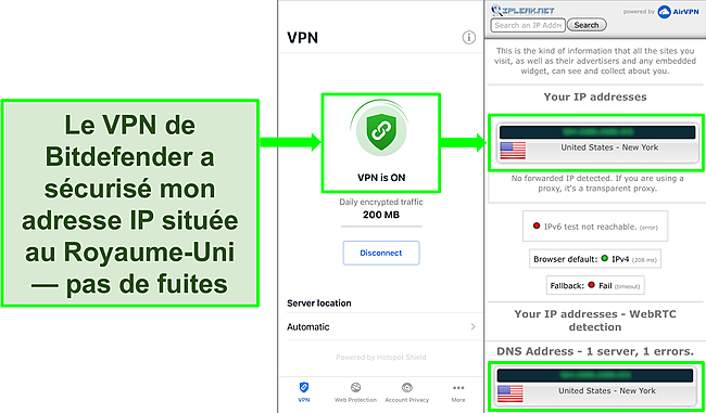 Capture d'&eacute;cran montrant la fonctionnalit&eacute; VPN iOS de Bitdefender et les r&eacute;sultats d'un test de fuite IP ne montrant aucune fuite.