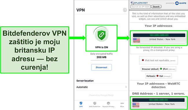 Snimka zaslona koja prikazuje Bitdefenderovu iOS VPN značajku i rezultati testa propu&scaron;tanja IP -a koji ne pokazuju curenja.