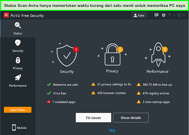 Tangkapan layar aplikasi Windows Avira dengan hasil Pemindaian Status ditampilkan.