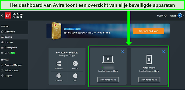Schermafbeelding van het accountdashboard van Avira met apparaten waarop het gratis abonnement is ge&iuml;nstalleerd.