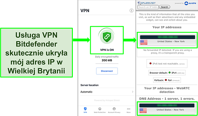 Zrzut ekranu przedstawiający funkcję Bitdefender iOS VPN oraz wyniki testu szczelności IP, kt&oacute;re nie wykazują żadnych wyciek&oacute;w.