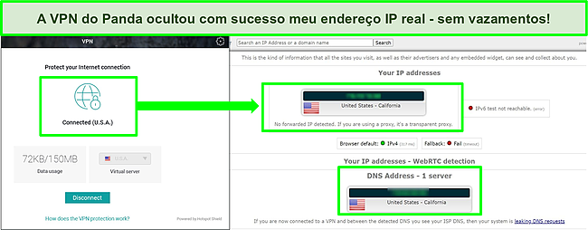 Captura de tela da VPN da Panda conectada a um servidor dos EUA com os resultados de um teste de vazamento de IP que n&atilde;o mostra vazamentos.