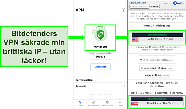 Sk&auml;rmdump som visar Bitdefenders iOS VPN -funktion och resultaten av ett IP -l&auml;ckagetest som inte visar n&aring;gra l&auml;ckor.