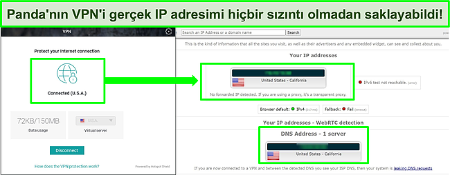 Panda'nın bir ABD sunucusuna bağlı VPN'inin, IP sızıntı testinin sonu&ccedil;larında sızıntı olmadığını g&ouml;steren ekran g&ouml;r&uuml;nt&uuml;s&uuml;.
