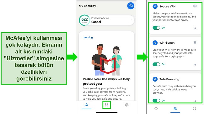 Bu ekran g&ouml;r&uuml;nt&uuml;s&uuml;nde, iOS'ta kolayca gezinilebilen McAfee uygulaması g&ouml;r&uuml;lmektedir