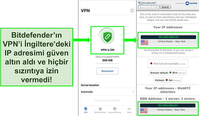 Bitdefender'ın iOS VPN &ouml;zelliğini ve sızıntı olmadığını g&ouml;steren bir IP sızıntı testinin sonu&ccedil;larını g&ouml;steren ekran g&ouml;r&uuml;nt&uuml;s&uuml;.
