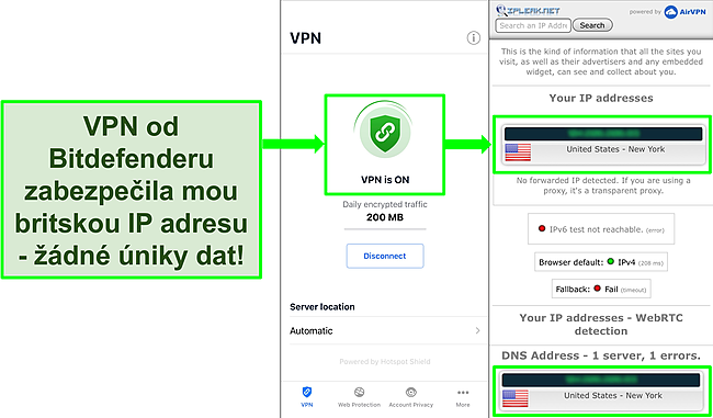 Sn&iacute;mek obrazovky ukazuj&iacute;c&iacute; funkci VPN VPN pro Bitdefender a v&yacute;sledky testu těsnosti IP, kter&yacute; ukazuje, že nedoch&aacute;z&iacute; k &uacute;nikům.