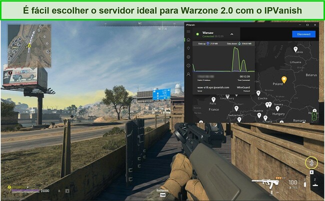 Captura de tela do IPVanish conectado a um servidor polon&ecirc;s enquanto joga Warzone 2.0