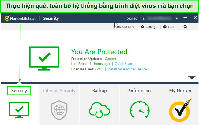 Ảnh chụp m&agrave;n h&igrave;nh bảng điều khiển ch&iacute;nh của Norton