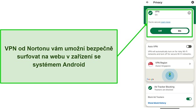Sn&iacute;mek obrazovky VPN Norton Mobile Security při připojen&iacute;