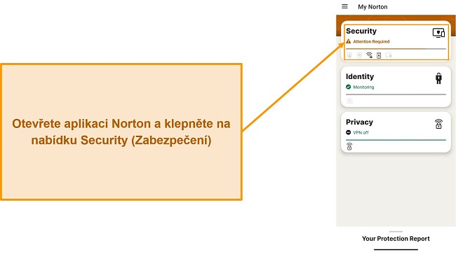 Sn&iacute;mek obrazovky ukazuj&iacute;c&iacute;, jak otevř&iacute;t nab&iacute;dku Zabezpečen&iacute; v aplikaci Norton Mobile Security