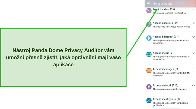 Sn&iacute;mek obrazovky zobrazuj&iacute;c&iacute; funkci Privacy Auditor Panda Dome