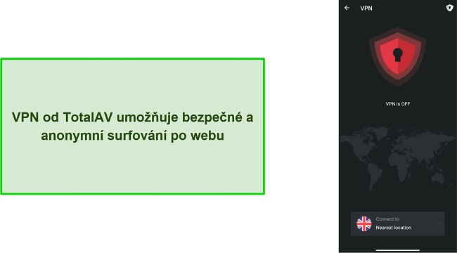 Sn&iacute;mek obrazovky VPN společnosti TotalAV na Androidu