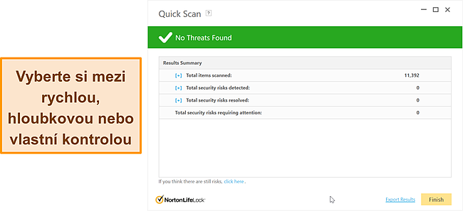 Screenshot z možnost&iacute; skenov&aacute;n&iacute; Nortonu proti malwaru.
