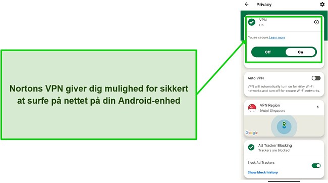 Sk&aelig;rmbillede af Norton Mobile Securitys VPN, mens du er tilsluttet