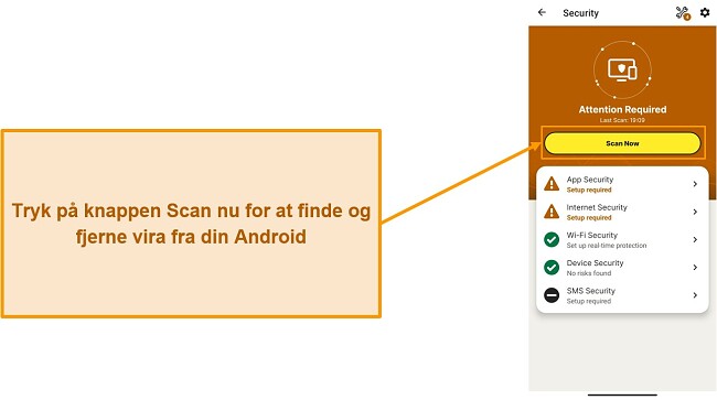 Sk&aelig;rmbillede, der viser, hvordan man starter en scanning i Norton Mobile Security