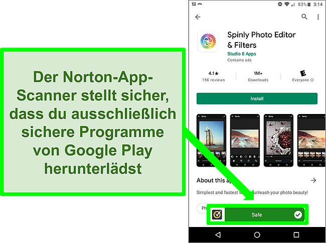 Screenshot einer App im Google Play Store, die von einem Norton-Scan als "sicher" gekennzeichnet wurde.