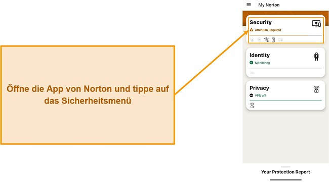 Screenshot, der zeigt, wie das Sicherheitsmen&uuml; in Norton Mobile Security ge&ouml;ffnet wird