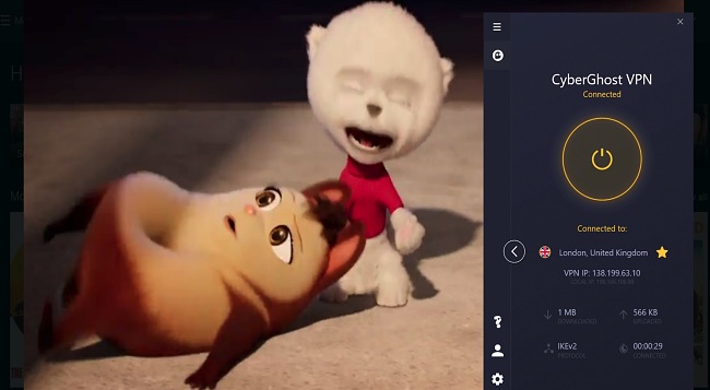 Screenshot of streaming of Tom and Jerry on Now TV using CybergGhost