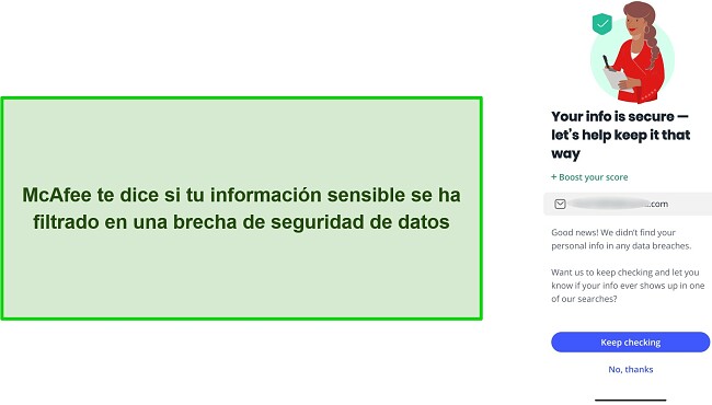 Captura de pantalla del verificador de violaci&oacute;n de datos de McAfee