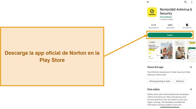 Captura de pantalla de la aplicaci&oacute;n oficial de Norton en Google Play Store