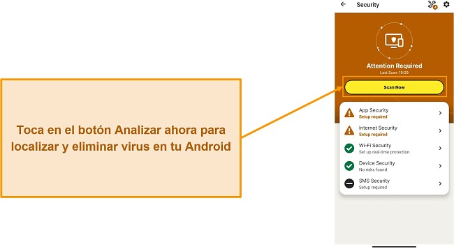 Captura de pantalla que muestra c&oacute;mo iniciar un an&aacute;lisis en Norton Mobile Security