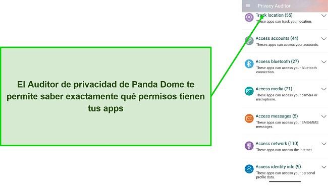 Captura de pantalla que muestra la funci&oacute;n Auditor de privacidad de Panda Dome
