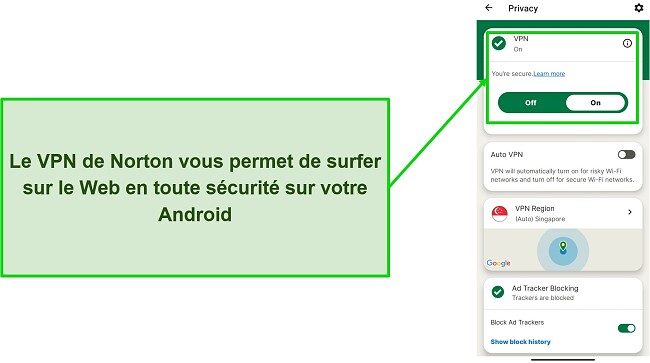 Capture d'&eacute;cran du VPN de Norton Mobile Security en &eacute;tant connect&eacute;