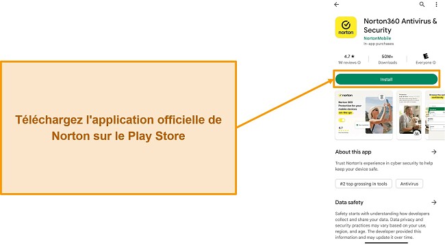 Capture d'&eacute;cran de l'application officielle de Norton dans le Google Play Store
