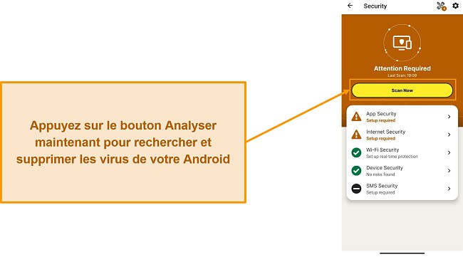 Capture d'&eacute;cran montrant comment d&eacute;marrer une analyse dans Norton Mobile Security