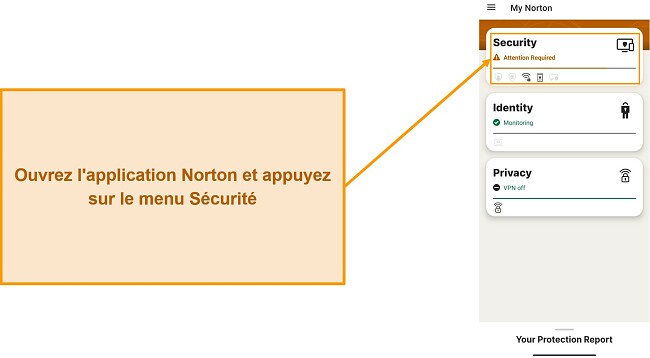 Capture d'&eacute;cran montrant comment ouvrir le menu S&eacute;curit&eacute; dans Norton Mobile Security