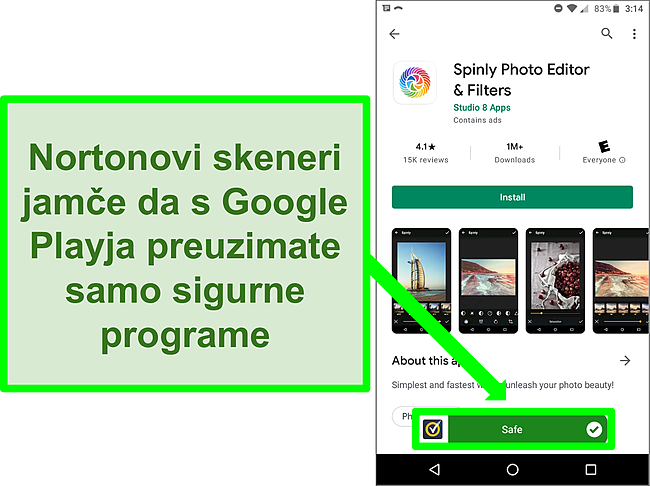 Snimka zaslona aplikacije u trgovini Google Play koja je Nortonovim skeniranjem označila "sigurnu".