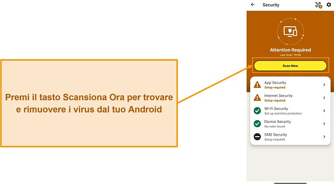 Screenshot che mostra come avviare una scansione in Norton Mobile Security