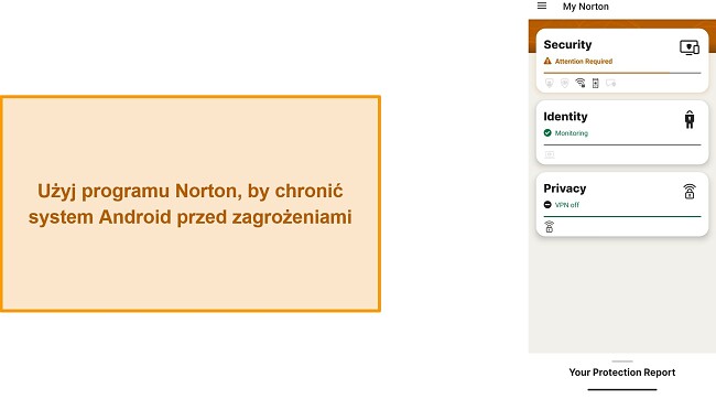 Zrzut ekranu przedstawiający gł&oacute;wne menu programu Norton Mobile Security