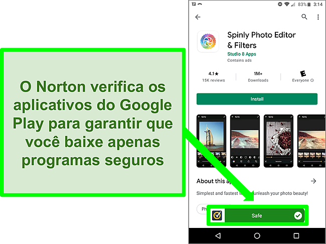 Captura de tela de um aplicativo na Google Play Store sendo sinalizado como "seguro" por uma verifica&ccedil;&atilde;o do Norton.