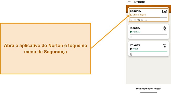 Captura de tela mostrando como abrir o menu Seguran&ccedil;a no Norton Mobile Security