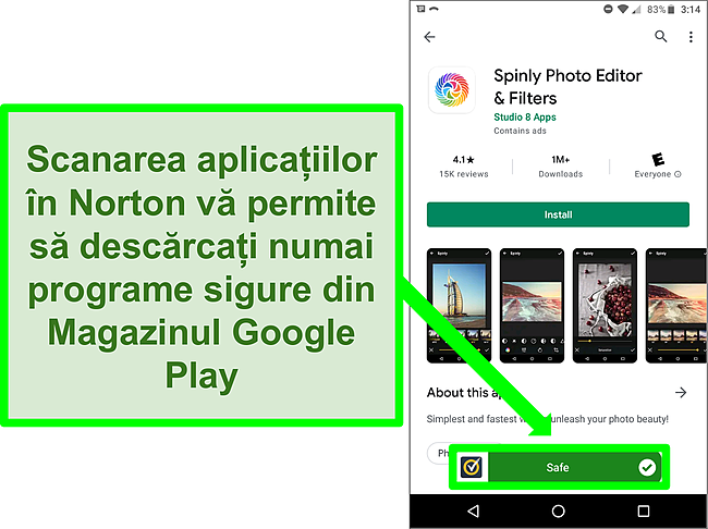 Captură de ecran a unei aplicații din magazinul Google Play care este marcată ca &bdquo;sigură&rdquo; de o scanare Norton.