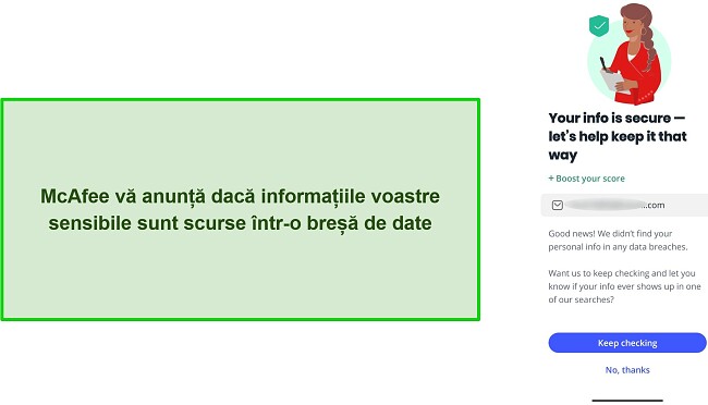 Captură de ecran a verificatorului de &icirc;ncălcare a datelor de la McAfee