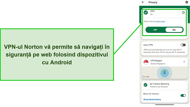 Captură de ecran a VPN-ului Norton Mobile Security &icirc;n timp ce este conectat