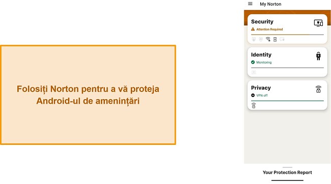 Captură de ecran a meniului principal al Norton Mobile Security