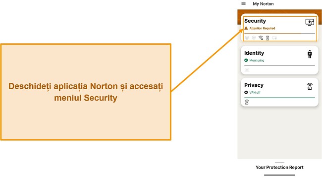 Captură de ecran care arată cum să deschideți meniul Securitate &icirc;n Norton Mobile Security