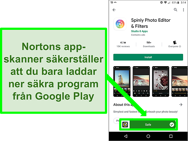 Sk&auml;rmdump av en app i Google Play -butiken flaggas som "s&auml;ker" av en Norton -skanning.