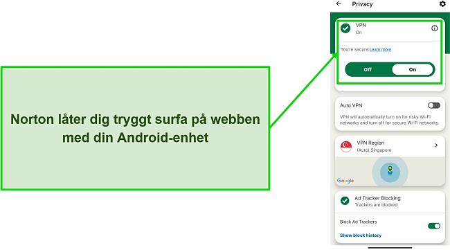 Sk&auml;rmdump av Norton Mobile Securitys VPN n&auml;r du &auml;r ansluten