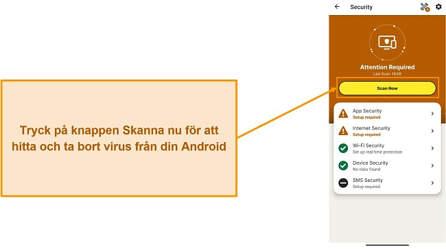 Sk&auml;rmdump som visar hur man startar en skanning i Norton Mobile Security