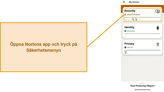 Sk&auml;rmdump som visar hur du &ouml;ppnar menyn S&auml;kerhet i Norton Mobile Security