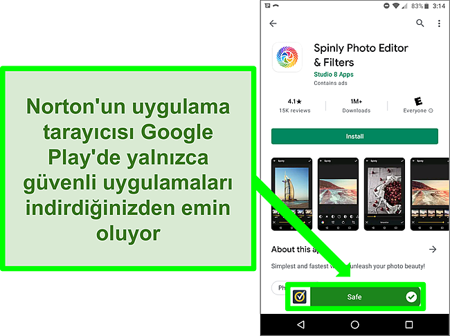 Google Play mağazasında bir Norton taraması tarafından "g&uuml;venli" olarak işaretlenen bir uygulamanın ekran g&ouml;r&uuml;nt&uuml;s&uuml;.