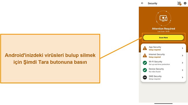 Norton Mobile Security'de bir taramanın nasıl başlatılacağını g&ouml;steren ekran g&ouml;r&uuml;nt&uuml;s&uuml;