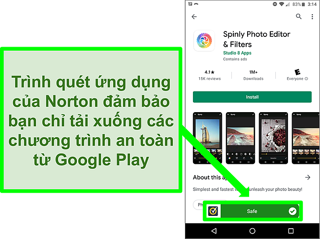 Ảnh chụp m&agrave;n h&igrave;nh một ứng dụng trong cửa h&agrave;ng Google Play bị qu&eacute;t Norton gắn cờ l&agrave; "an to&agrave;n".